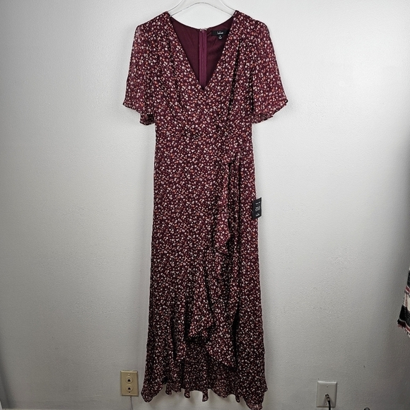 Lulu's Good Moments Burgundy Floral Print Split Sleeve Faux-Wrap Dress NWT - Picture 5 of 16